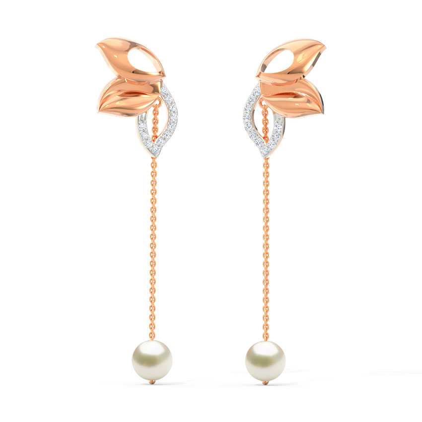 Diamond,Gemstone Earrings 18 Karat Rose Gold Exquisite Leaflet Pearl Drop Earrings