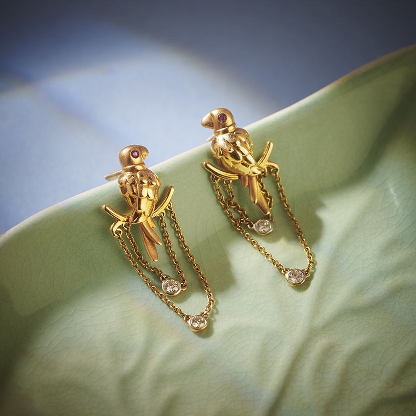 Swaying Parrot Gemstone Drop Earrings