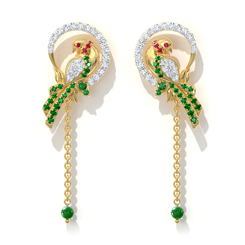 Diamond,Gemstone Earrings 18 Karat Yellow Gold Grandiose Parrot Gemstone Drop Earrings