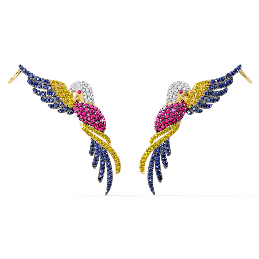 Diamond,Gemstone Earrings 18 Karat Yellow Gold Birdie Gemstone Stud Earrings