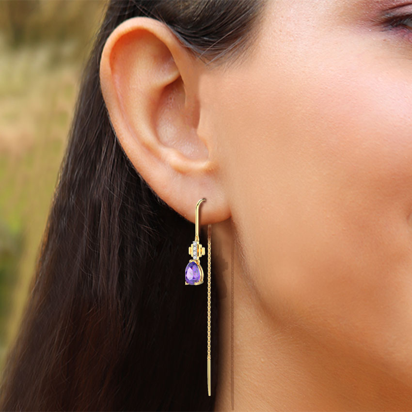 Diamond,Gemstone Earrings 14 Karat Yellow Gold Amethyst Drop Gemstone Sui Dhaga Earrings
