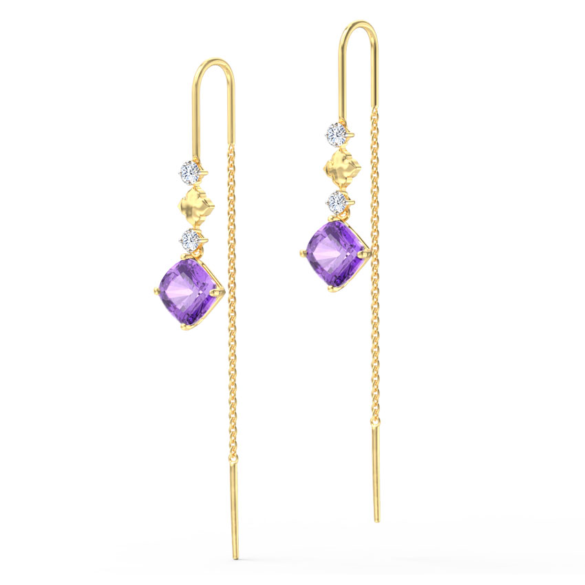 Diamond,Gemstone Earrings 14 Karat Yellow Gold Lilac Gemstone Sui Dhaga Earrings