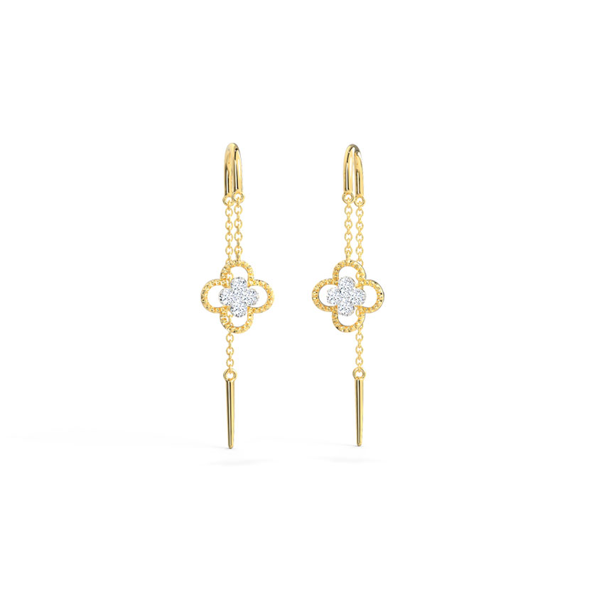 Diamond Earrings 14 Karat Yellow Gold Ornate Clover Diamond Sui Dhaga