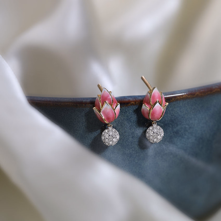 Diamond Earrings 18 Karat Yellow Gold Lotus Bud Diamond Drop Earrings