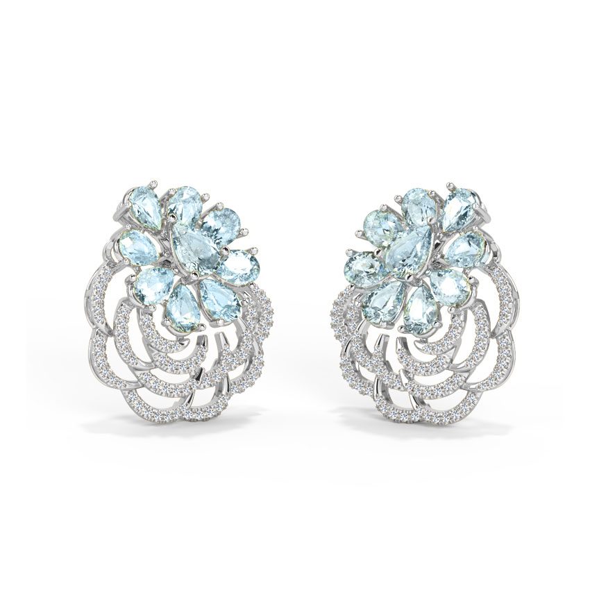 Diamond,Gemstone Earrings 18 Karat White Gold Floral Edition Gemstone Stud Earrings