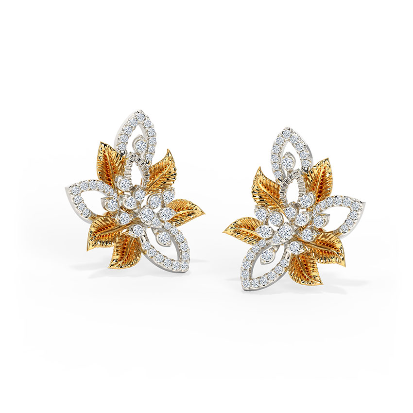 Diamond Earrings 18 Karat Two Tone Gold Alluring Bloom Diamond Stud Earrings