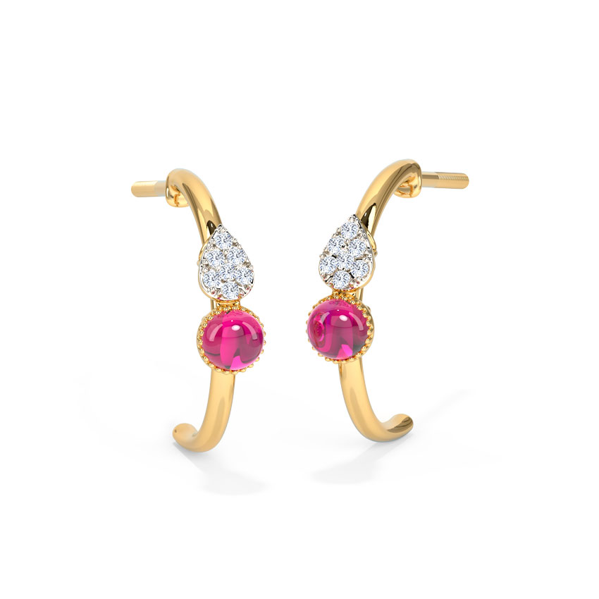 Diamond,Gemstone Earrings 14 Karat Yellow Gold Scarlet Dew Gemstone Hoop Earrings
