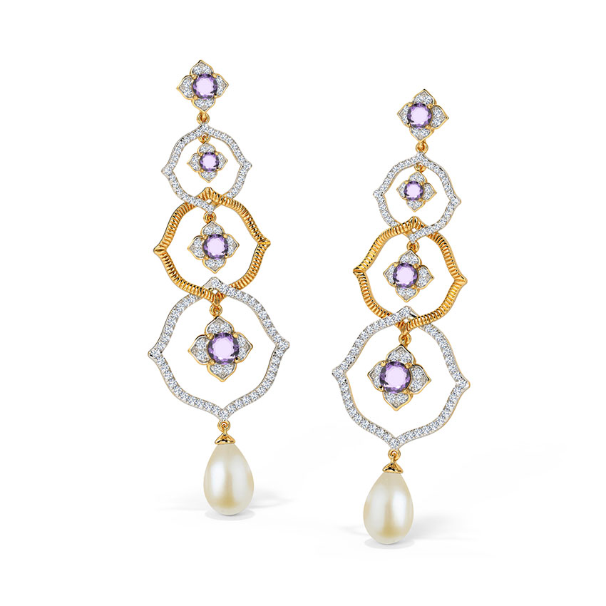 Diamond,Gemstone Earrings 14 Karat Yellow Gold Glorious Ornate Gemstone Drop Earrings