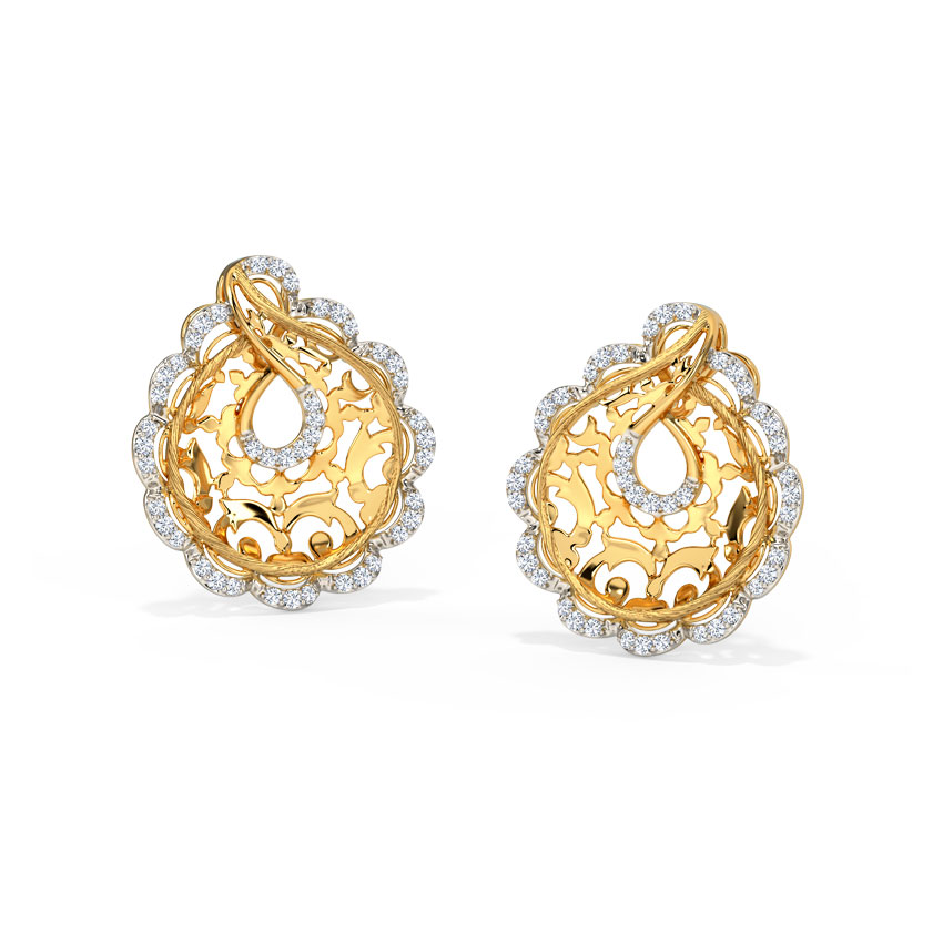 Diamond Earrings 14 Karat Yellow Gold Liana Ornate Diamond Stud Earrings