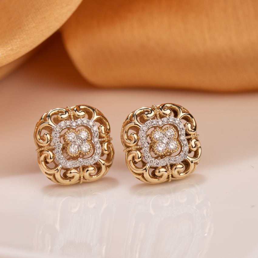 Diamond Earrings 14 Karat Yellow Gold Regent Intricate Diamond Stud Earrings