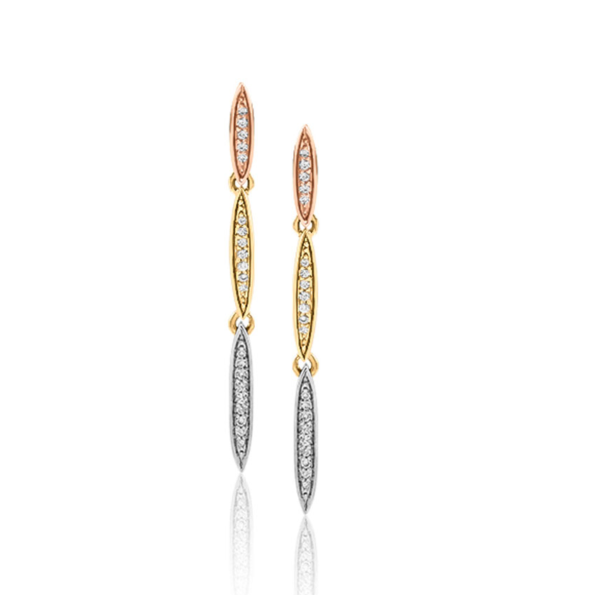 Diamond Earrings 14 Karat Three Tone Gold Glisten Diamond Drop Earrings