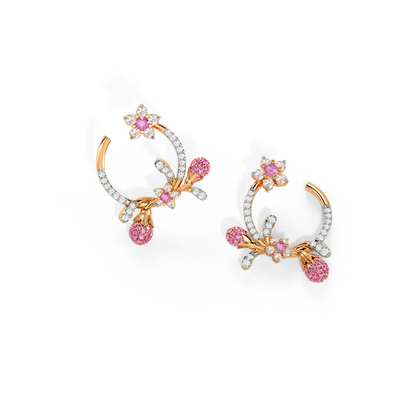 Diamond,Gemstone Earrings 14 Karat Rose Gold Adorable Sakura Gemstone Hoop Earrings