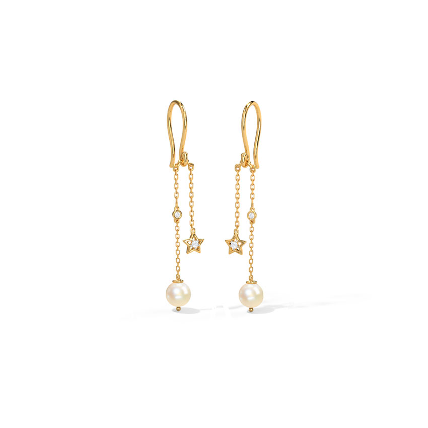 Diamond,Gemstone Earrings 14 Karat Yellow Gold Swaying Pearl Drop Earrings