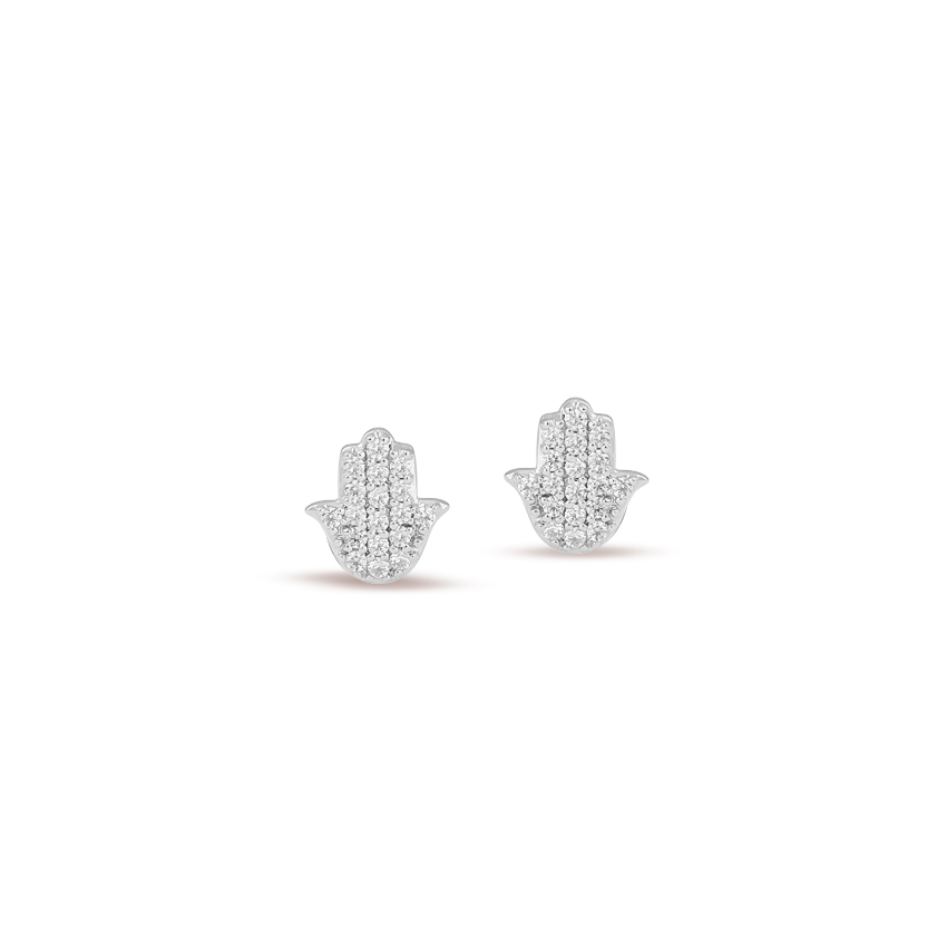 Diamond Earrings 14 Karat White Gold Hamsa Diamond Stud Earrings