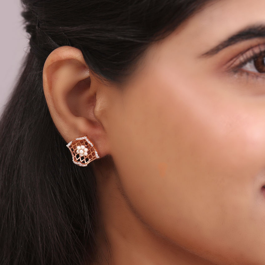 Diamond,Gemstone Earrings 14 Karat Rose Gold Beatrix Regal Pearl Stud Earrings