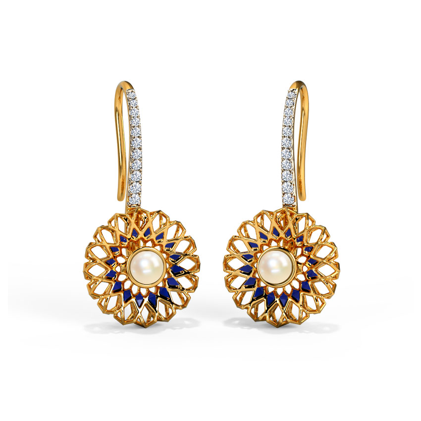 Diamond,Gemstone Earrings 14 Karat Yellow Gold Bushra Pearl Drop Earrings