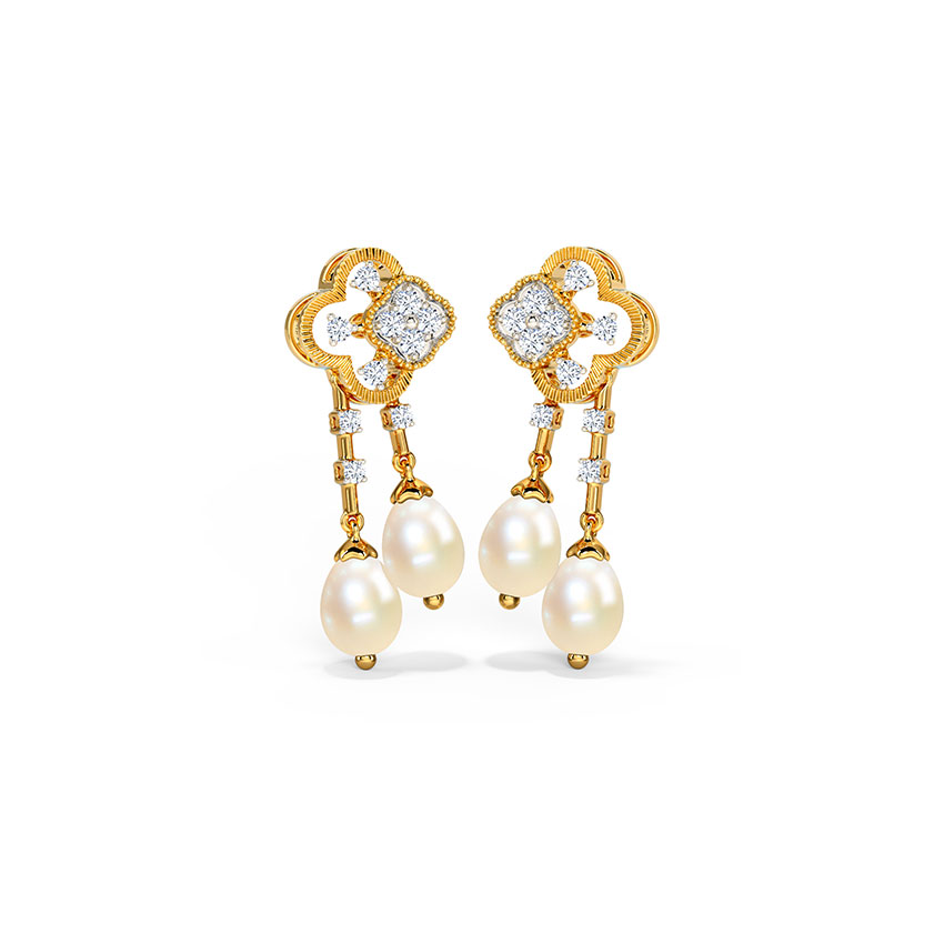 Diamond,Gemstone Earrings 14 Karat Yellow Gold Florenca Clover Pearl Drop Earrings