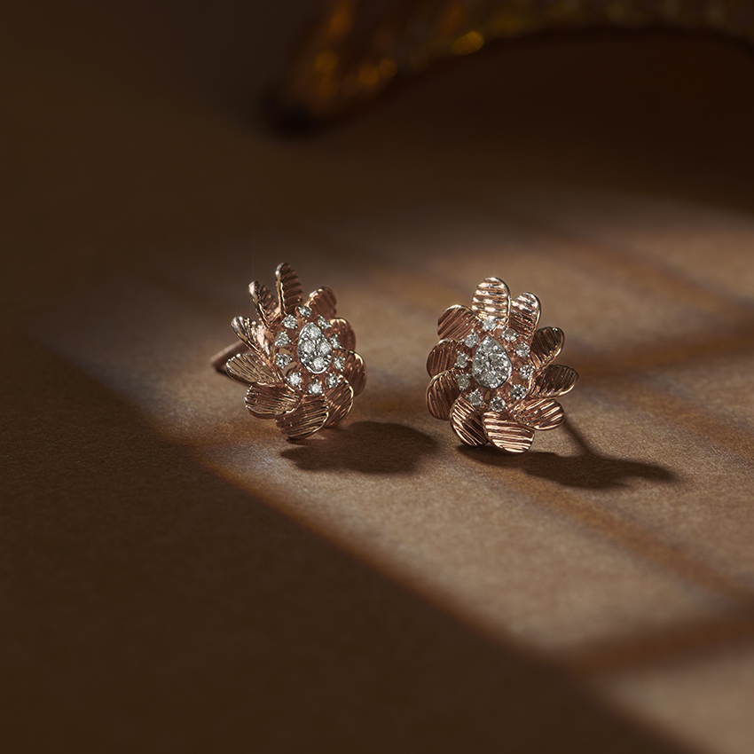 Diamond Earrings 14 Karat Rose Gold Curvy Petals Diamond Stud Earrings