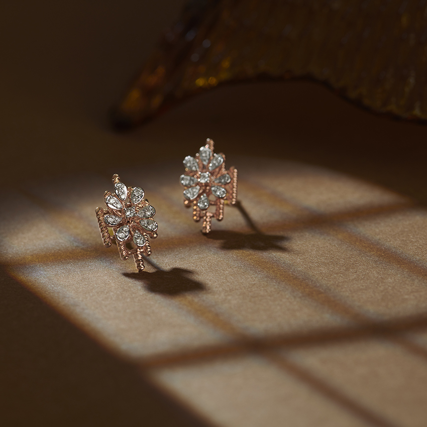 Diamond Earrings 14 Karat Rose Gold Floret Lines Diamond Stud Earrings