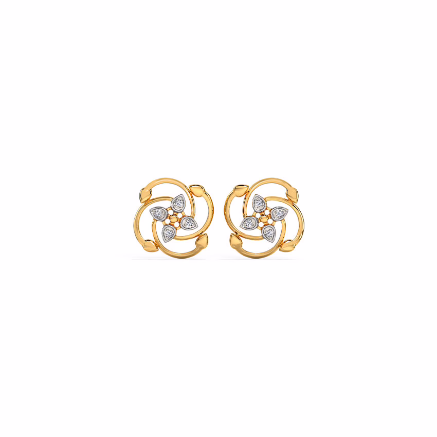 Diamond Earrings 14 Karat Yellow Gold Bright Bloomy Diamond Stud Earrings