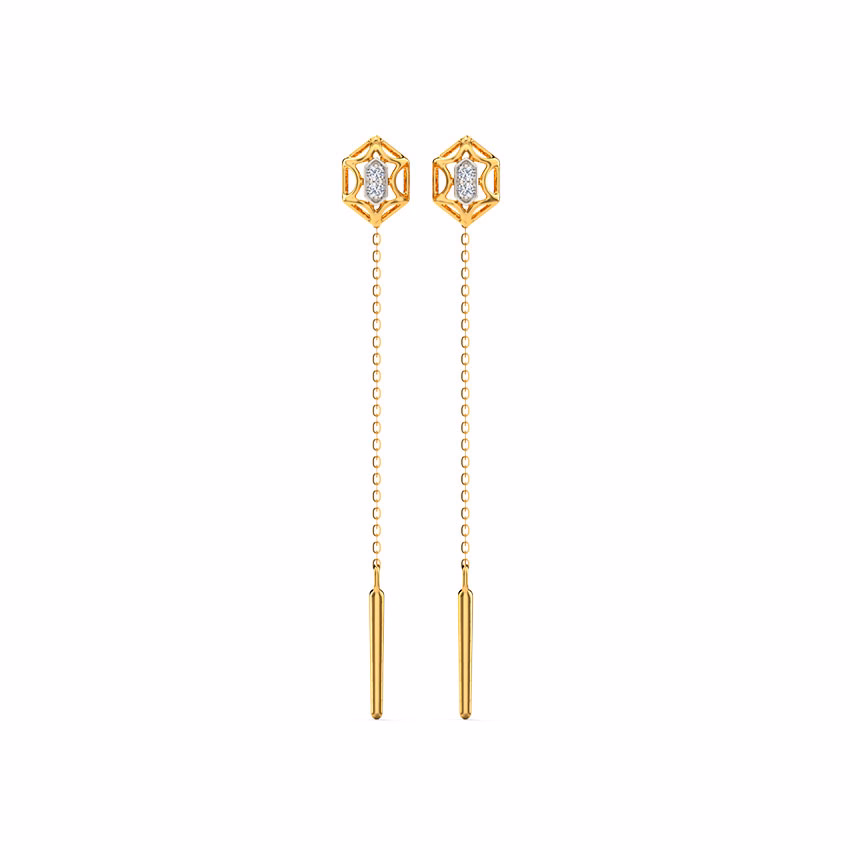 Diamond Earrings 14 Karat Yellow Gold Sparkling Web Diamond Sui Dhaga Earrings