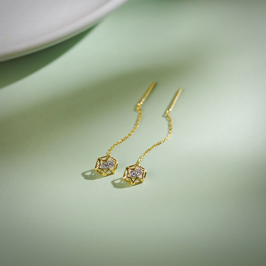 Diamond Earrings 14 Karat Yellow Gold Sparkling Web Diamond Sui Dhaga Earrings