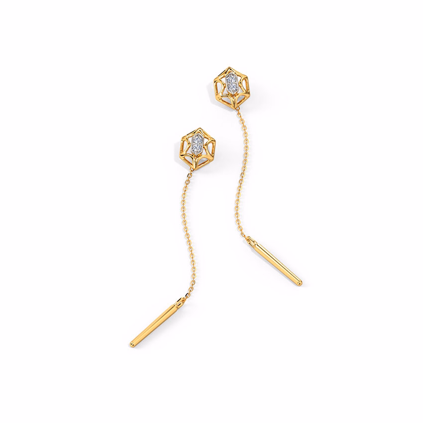 Diamond Earrings 14 Karat Yellow Gold Sparkling Web Diamond Sui Dhaga Earrings