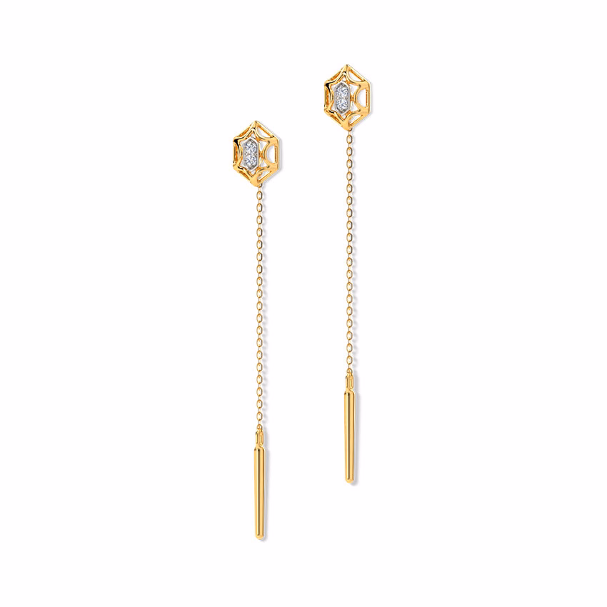 Diamond Earrings 14 Karat Yellow Gold Sparkling Web Diamond Sui Dhaga Earrings