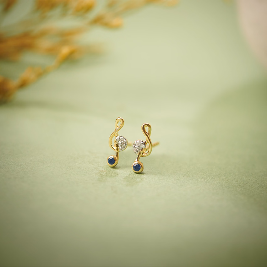 Diamond,Gemstone Earrings 9 Karat Yellow Gold Symphony Notes Diamond Stud Earrings