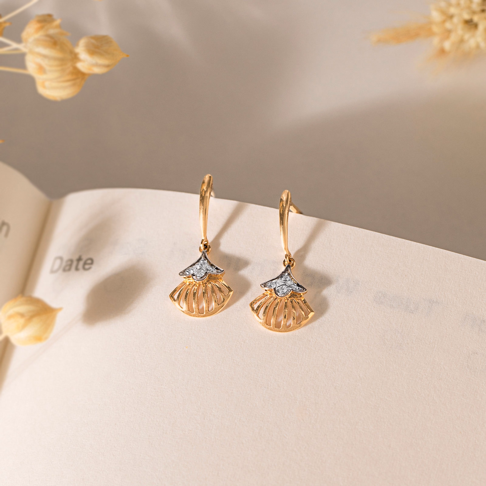 Diamond Earrings 14 Karat Yellow Gold Floral Lace Diamond Drop Earrings
