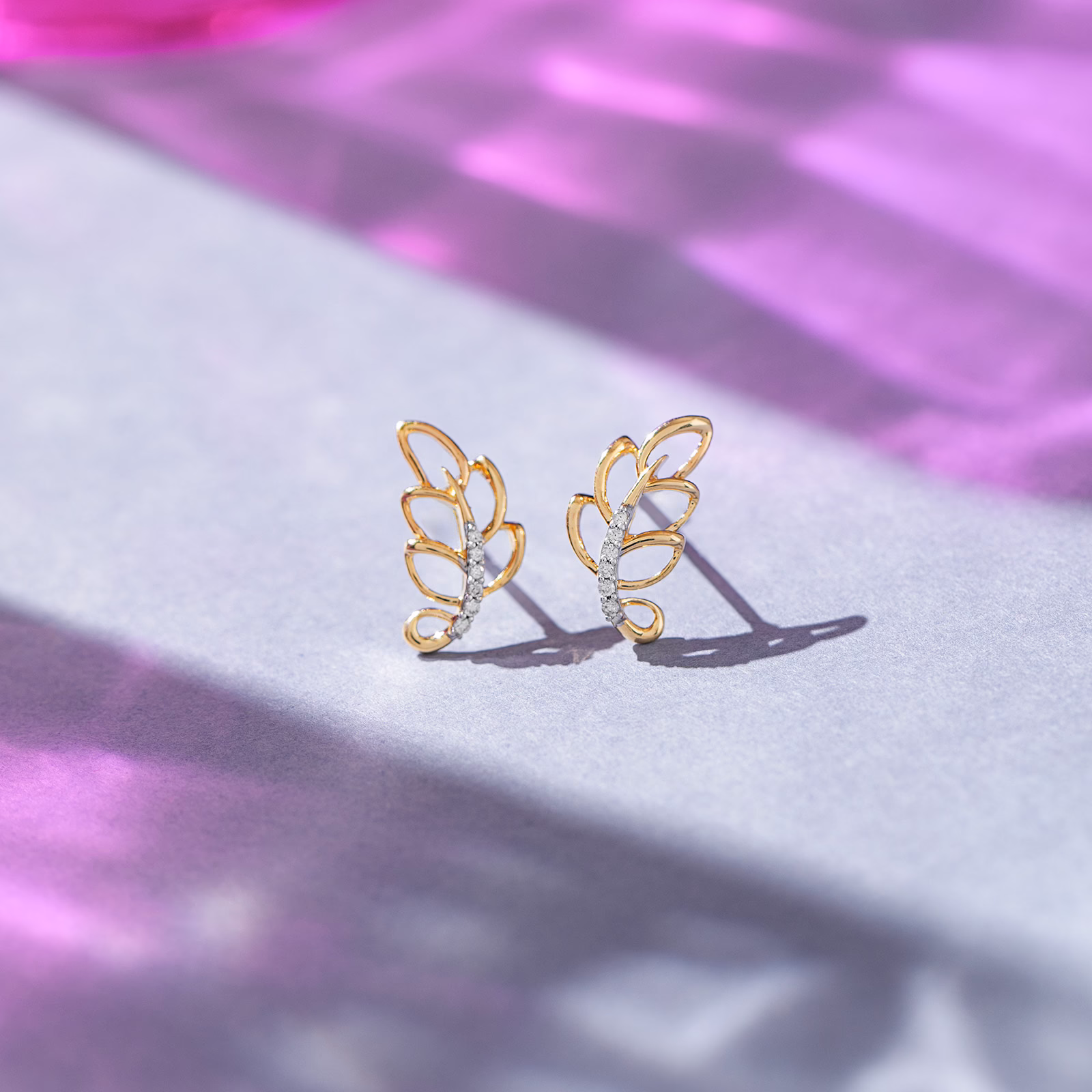 Diamond Earrings 18 Karat Yellow Gold Fern Foliage Diamond Stud Earrings