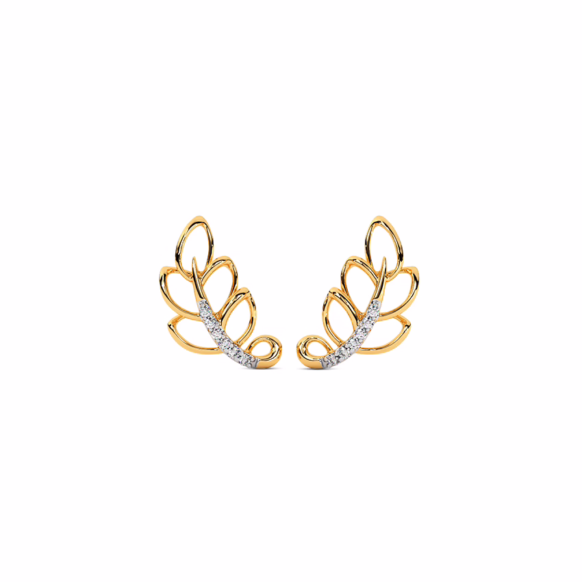 Diamond Earrings 18 Karat Yellow Gold Fern Foliage Diamond Stud Earrings