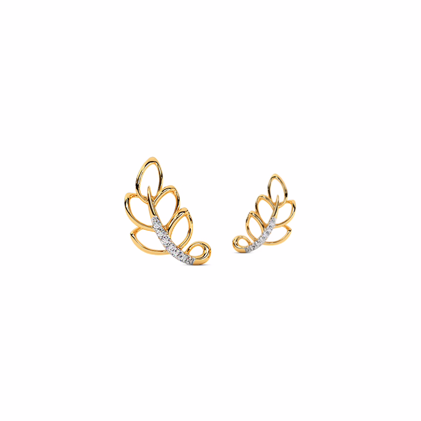 Diamond Earrings 18 Karat Yellow Gold Fern Foliage Diamond Stud Earrings
