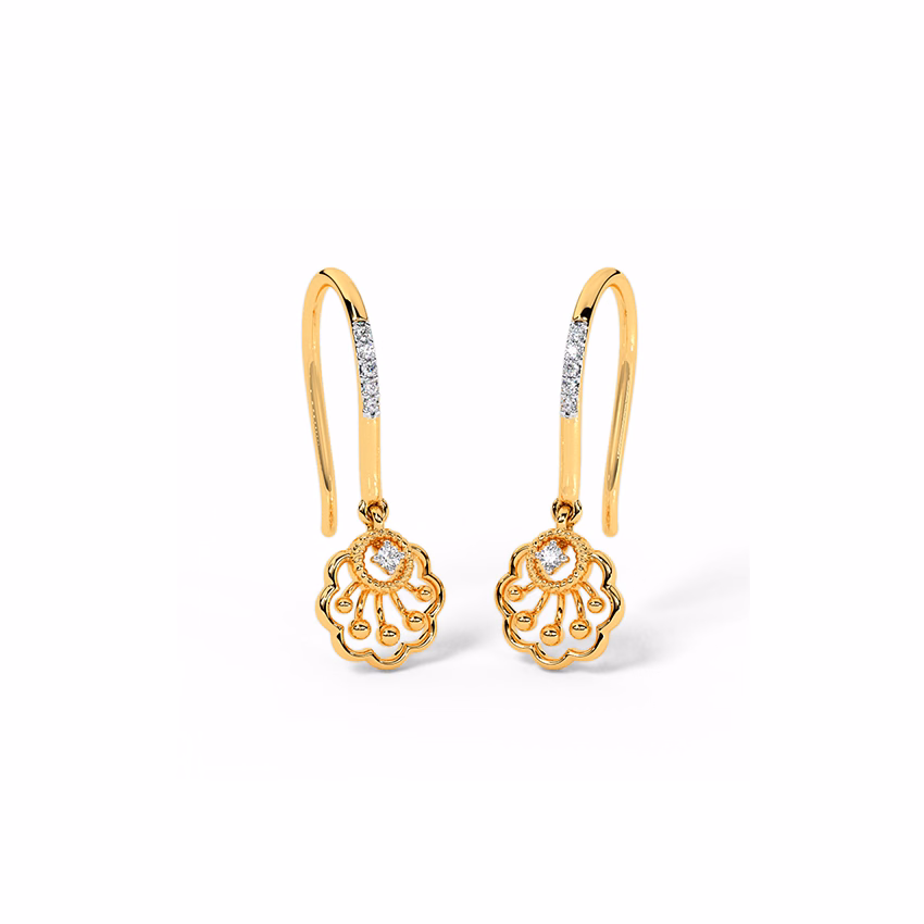 Diamond Earrings 14 Karat Yellow Gold Gleaming Scallop Diamond Drop Earrings