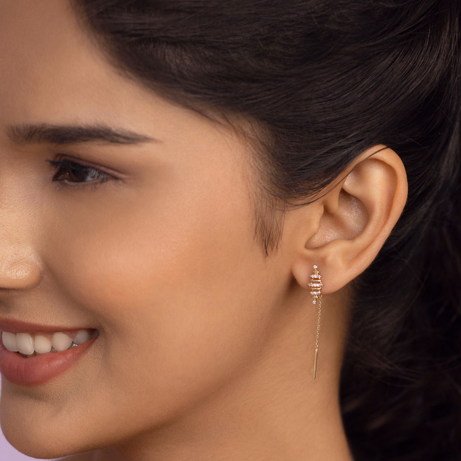 Diamond Earrings 14 Karat Yellow Gold Sparkling Skew Diamond Sui Dhaga