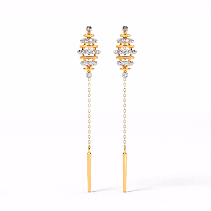 Diamond Earrings 14 Karat Yellow Gold Sparkling Skew Diamond Sui Dhaga