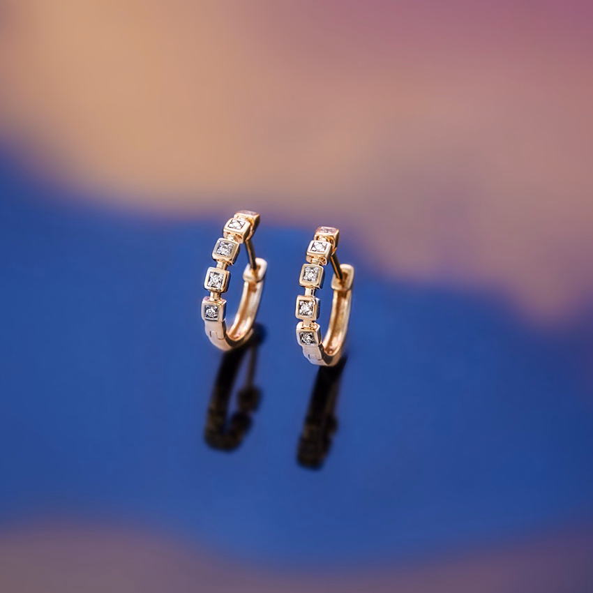 Diamond Earrings 9 Karat Yellow Gold Square bar Diamond Hoops