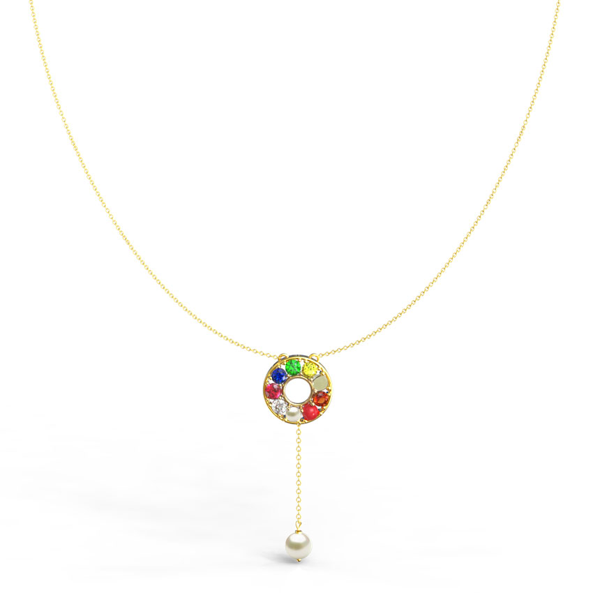 Diamond,Gemstone Necklaces 14 Karat Yellow Gold Halo Navratna Gemstone Necklace