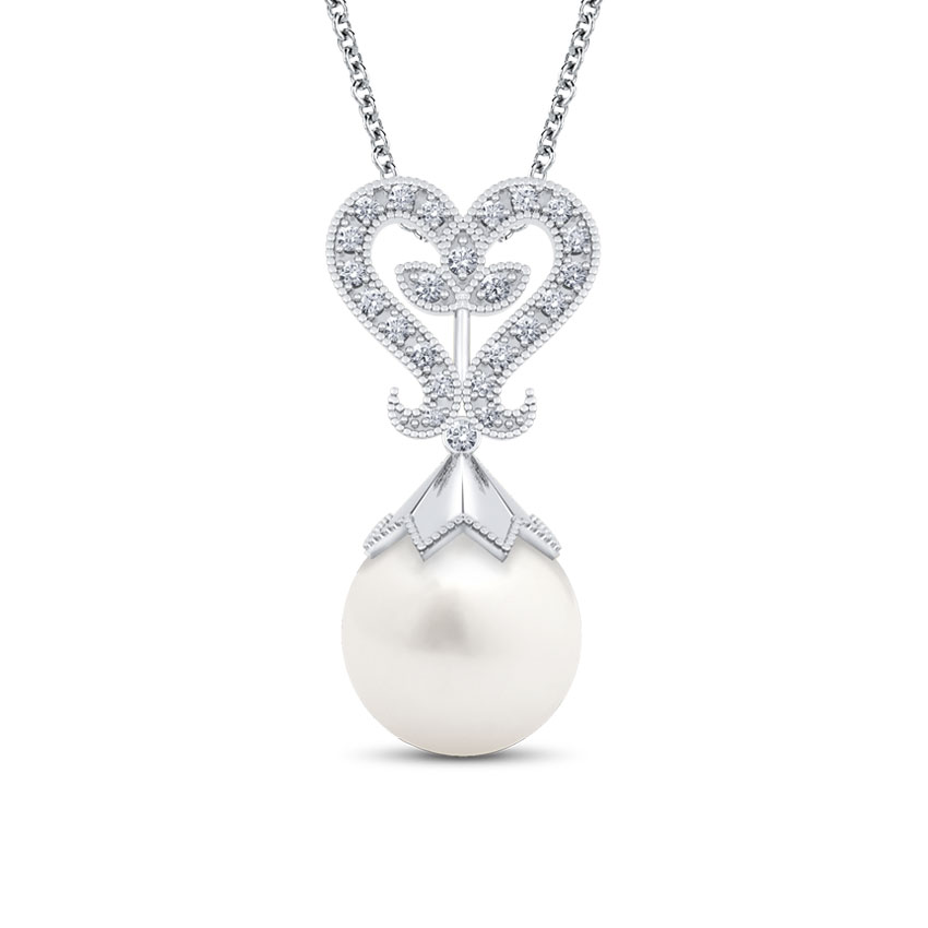 Floral Heart Diamond (0.12 ct) & Pearl (8 mm)  Pendant, 18K White Gold.