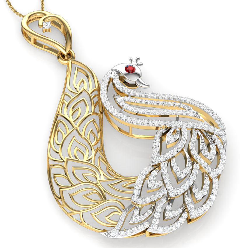 Diamond,Gemstone Pendants 18 Karat Yellow Gold Peafowl Trellis Gemstone Pendant