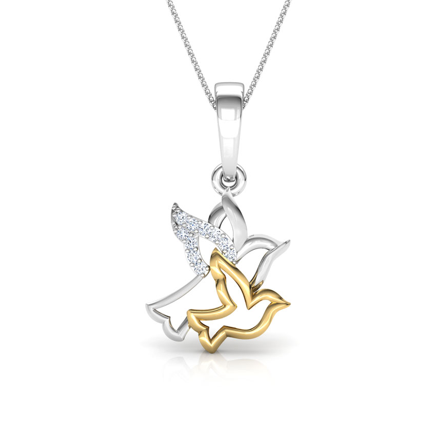 Diamond Pendants 14 Karat Two Tone Gold Dove Mother and Daughter Diamond Pendant