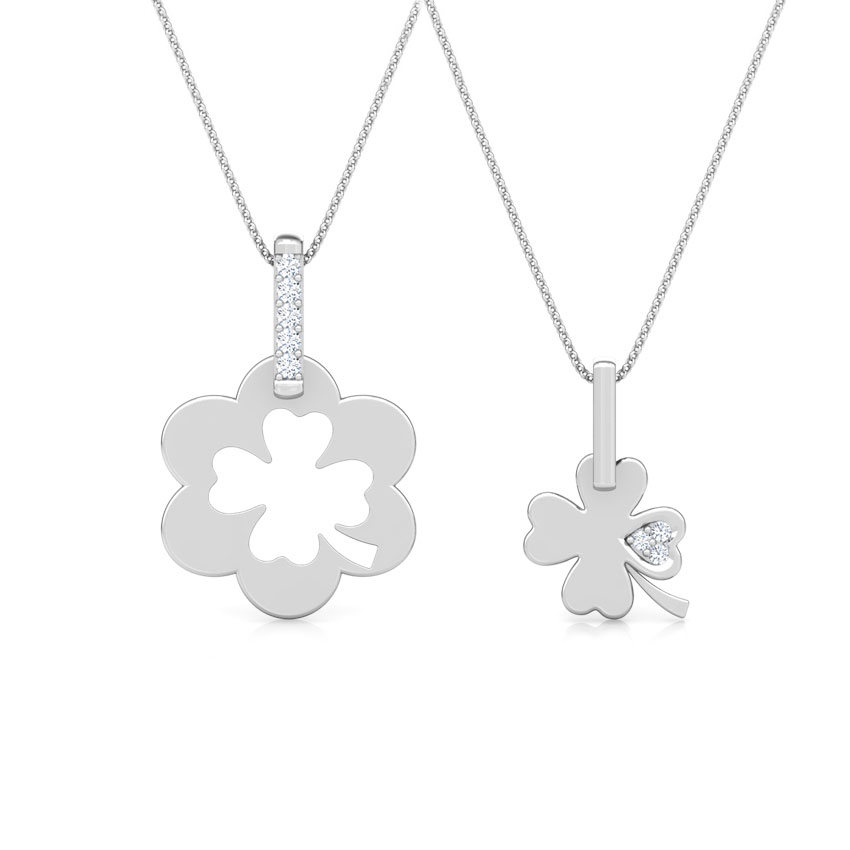 Diamond Pendants 18 Karat White Gold Clover Mother and Daughter Duo Diamond Pendant