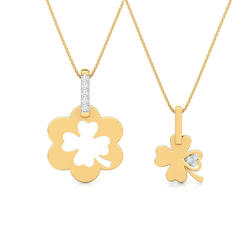 Diamond Pendants 14 Karat Yellow Gold Clover Mother and Daughter Duo Diamond Pendant