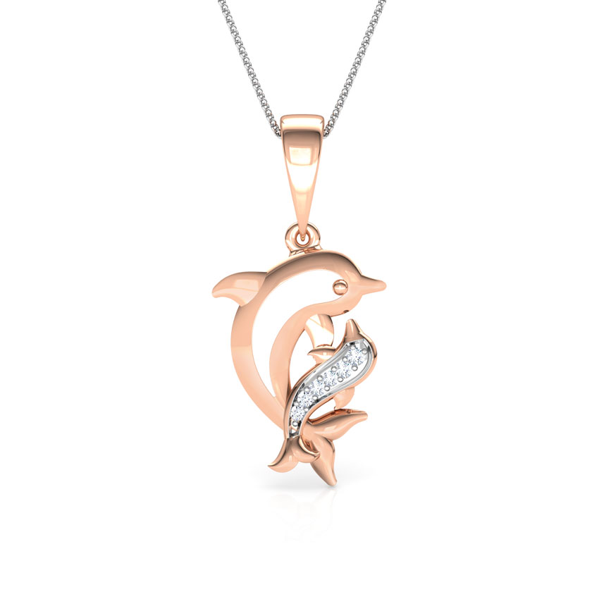 Diamond Pendants 14 Karat Rose Gold Dolphin Mother and Daughter Diamond Pendant