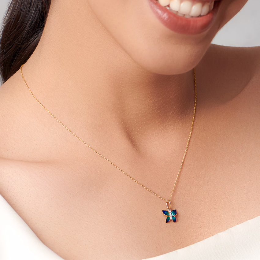 Diamond,Gemstone Pendants 18 Karat Yellow Gold Hover Blue Butterfly Diamond Pendant