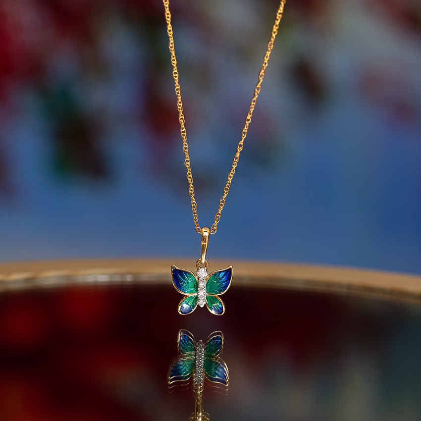 Diamond,Gemstone Pendants 18 Karat Yellow Gold Hover Blue Butterfly Diamond Pendant