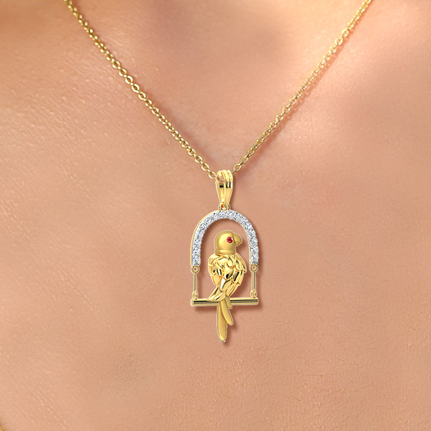 Diamond,Gemstone Pendants 18 Karat Yellow Gold Swinging Parrot Gemstone Pendant