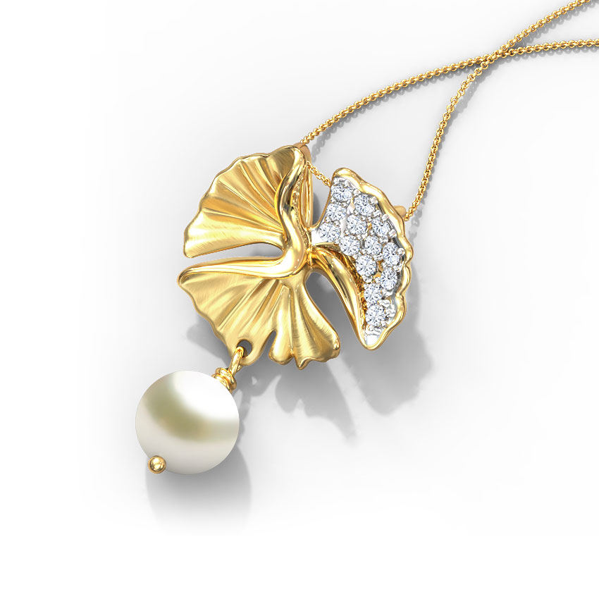 Diamond,Gemstone Pendants 14 Karat Yellow Gold Exquisite Ginkgo Pearl Pendant