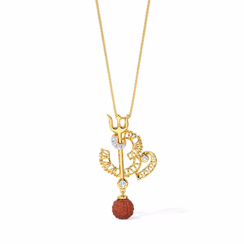 Diamond,Gemstone Pendants 18 Karat Yellow Gold Om Trishul Gemstone Pendant