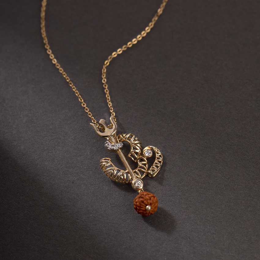 Diamond,Gemstone Pendants 18 Karat Yellow Gold Om Trishul Gemstone Pendant